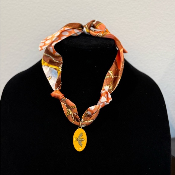 Orange and Brown Scarf Necklace w/ stamped charm - Picture 1 of 3
